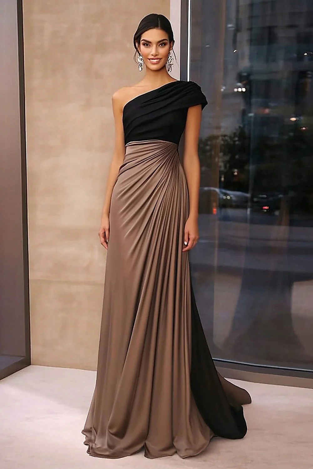 Brown Crepe Sheath Ruched One Shoulder Gala Dress - VNBITS