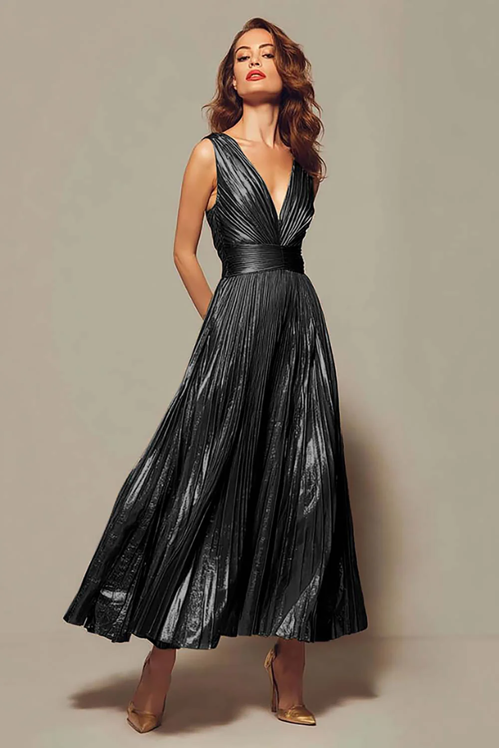Sparkly Gold Metallic Pleated V-Neck A-Line Long Formal Dress - VNBITS