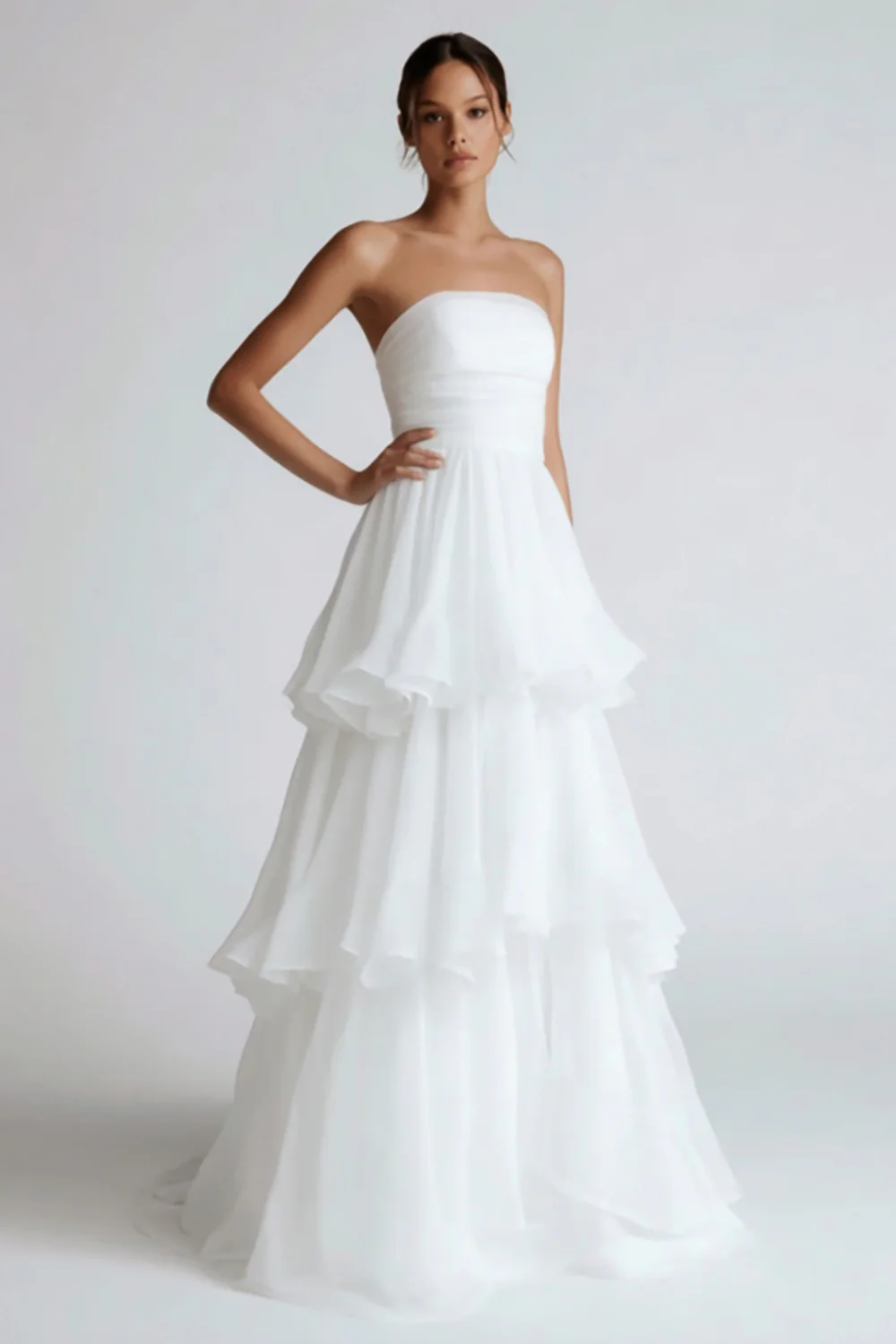 White Tiered Chiffon A Line Floor Length Wedding Reception Dress - VNBITS