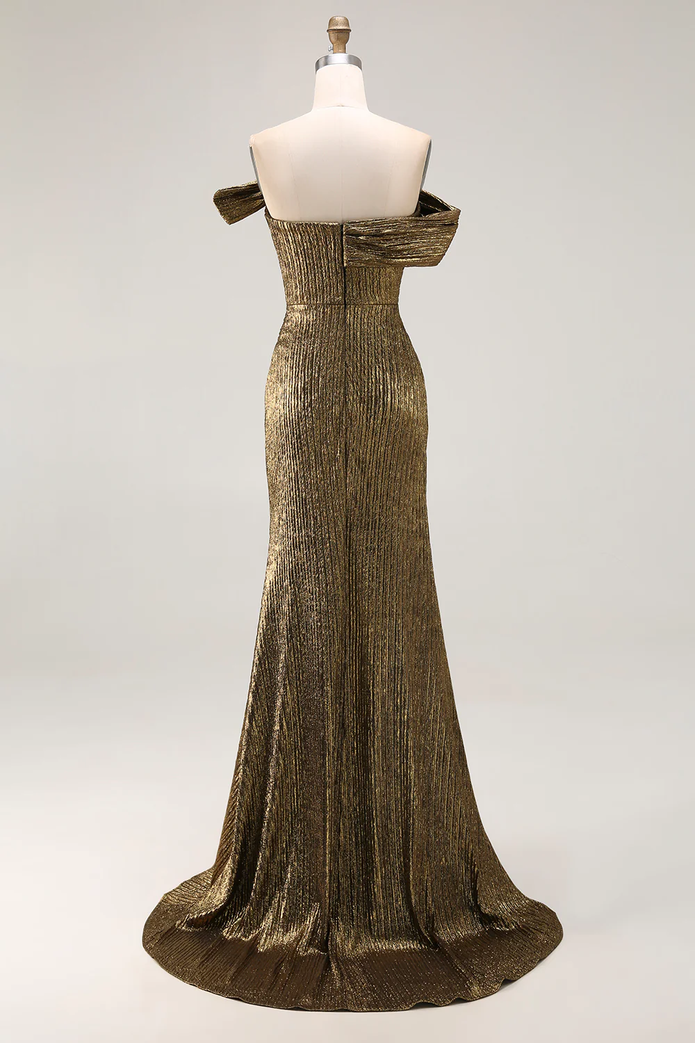 Gold Off The Shoulder Sheath Metallic Satin Prom Dress With Slit - VNBITS