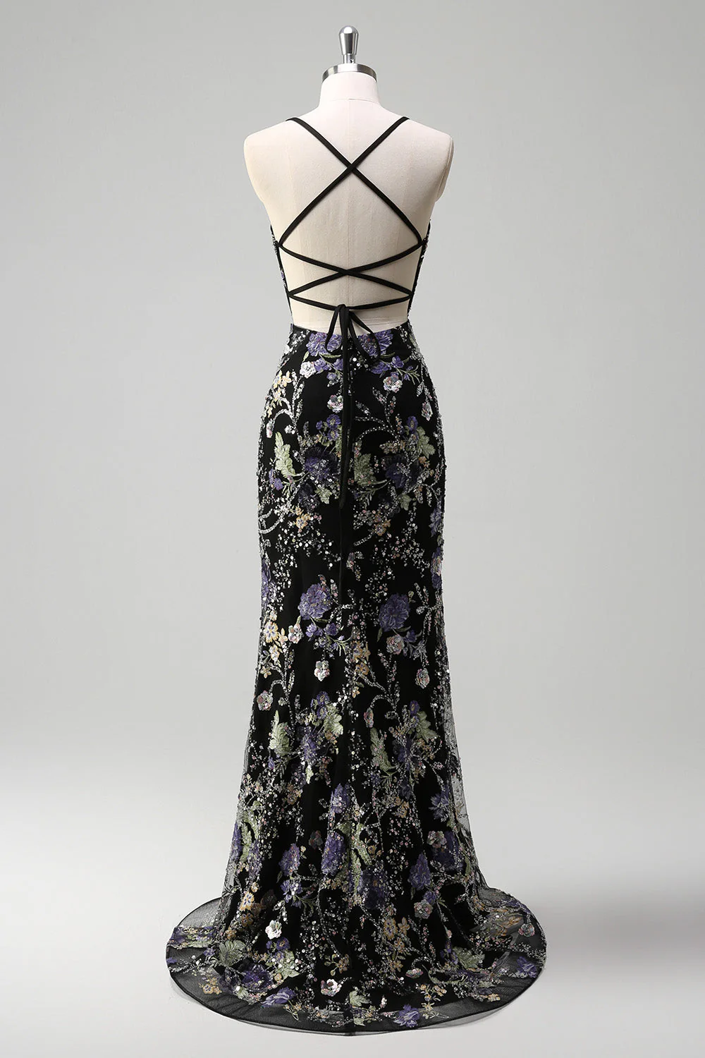 Sparkly Sequins Mermaid Spaghetti Straps Black Prom Dress with Appliques - VNBITS