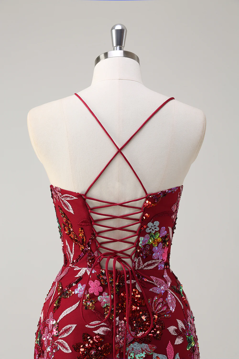 Sparkly Burgundy Floral Mermaid Spaghetti Straps Long Prom Dress with Slit - VNBITS