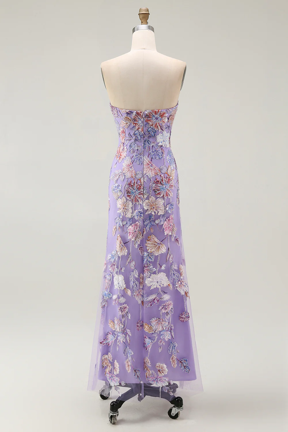 Sparkly Purple Strapless Floral Long Prom Dress with Beading - VNBITS