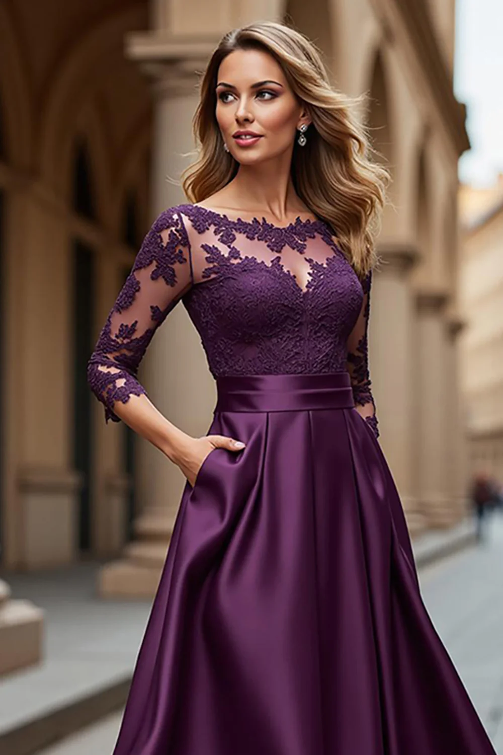 Grape Satin Illusion Boat Neck Long Mother of the Bride Dress with Lace - VNBITS