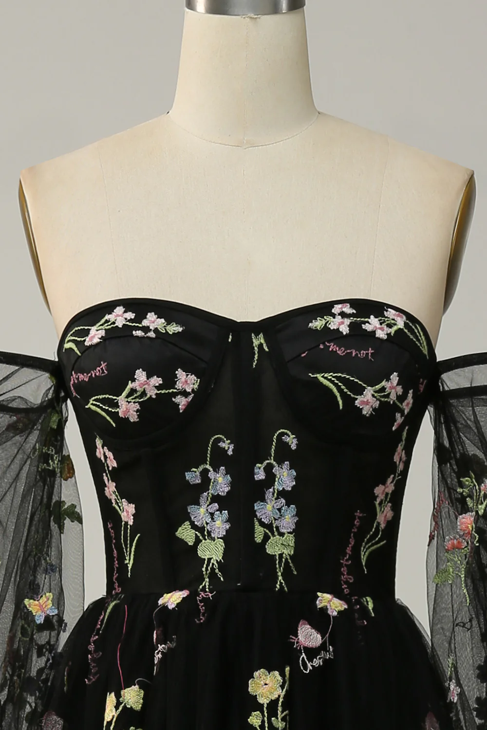 Black Off Shoulder Floral Long Prom Dress - VNBITS