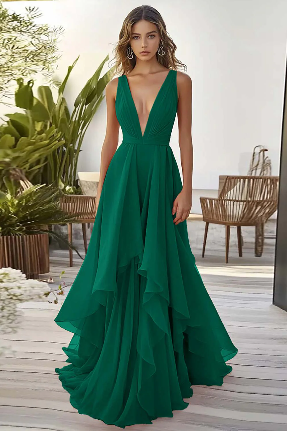 Orange Chiffon Deep V-Neck Long Wedding Guest Dress with Ruffles - VNBITS