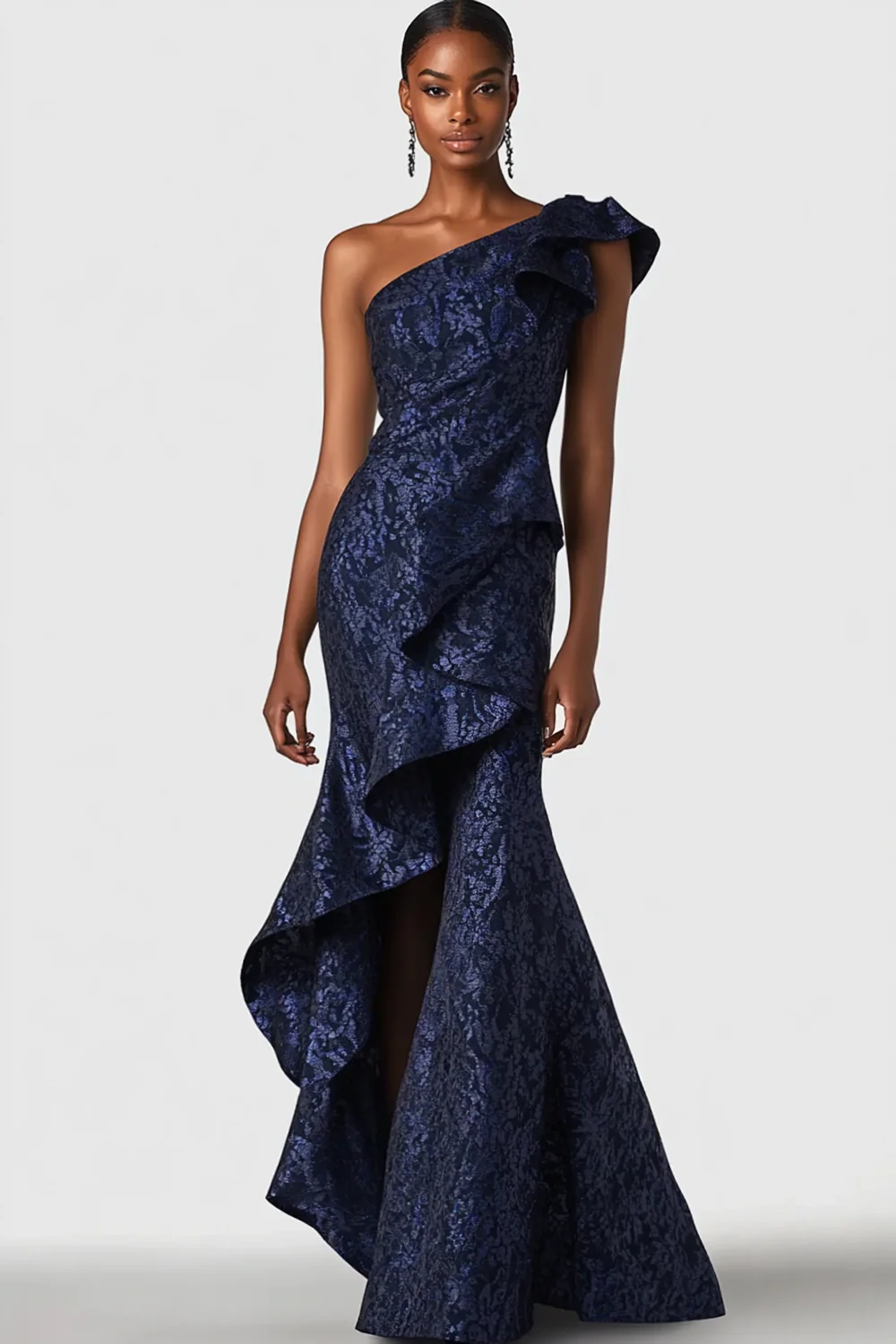 Navy One Shoulder Ruffled Mermaid Formal Dress - VNBITS