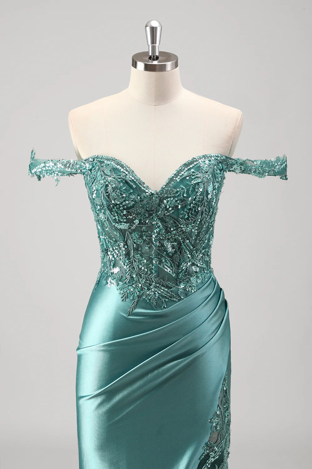 Grey Green Mermaid Applique Off The Shoulder Long Prom Dress with Slit - VNBITS