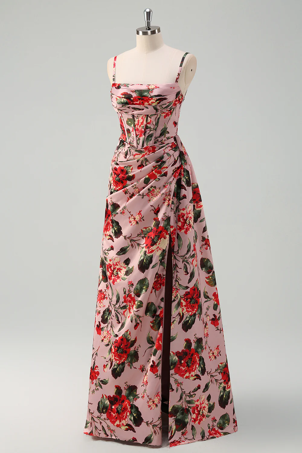 Pink Red Floral Spaghetti Straps Prom Dress with Slit - VNBITS