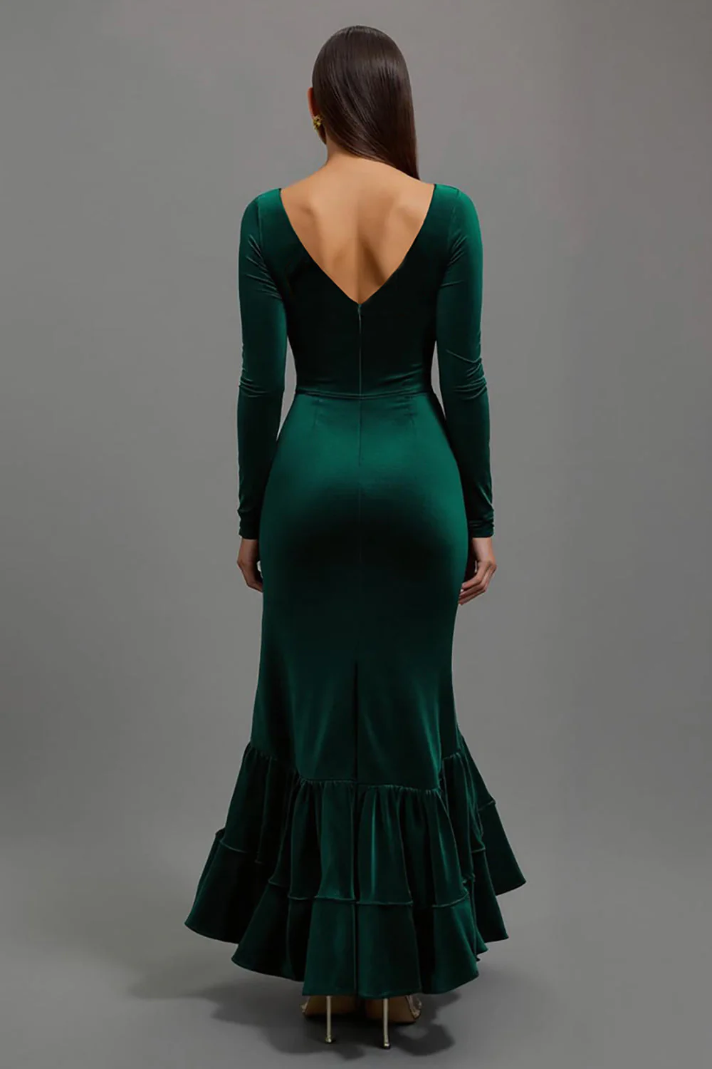 Dark Green Velvet Mermaid Long Sleeves Holiday Party Dress - VNBITS