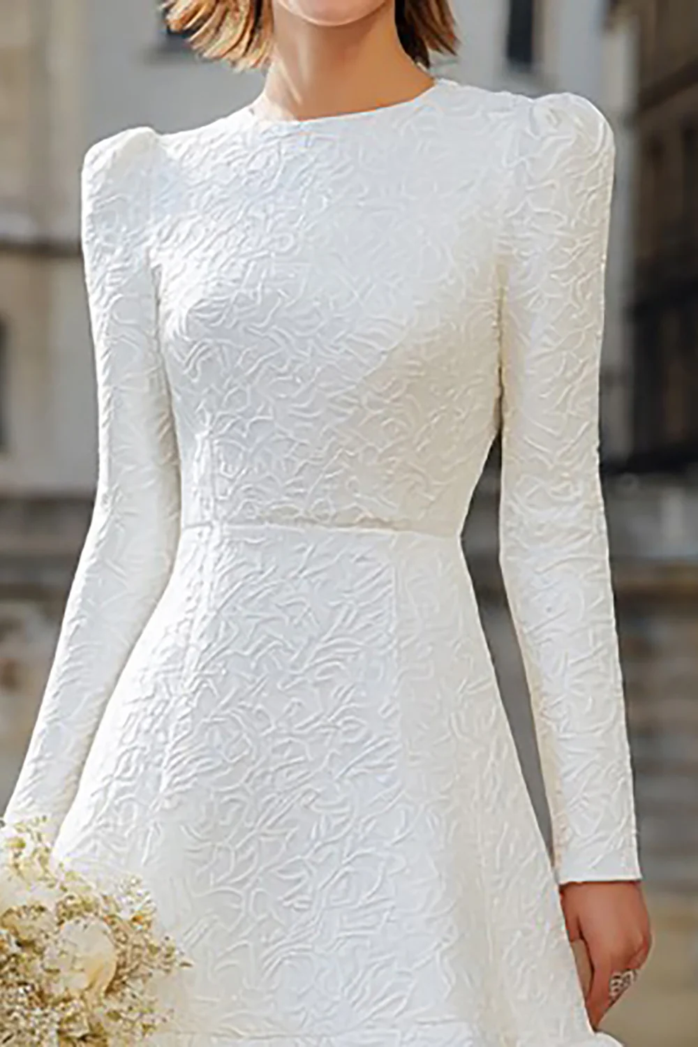 Ivory A Line Long Sleeves Midi Bridal Dress with Ruffles - VNBITS