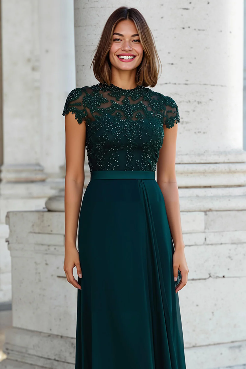 Peacock Green Round Neck Chiffon A-Line Long Mother of the Bride Dress with Beading - VNBITS