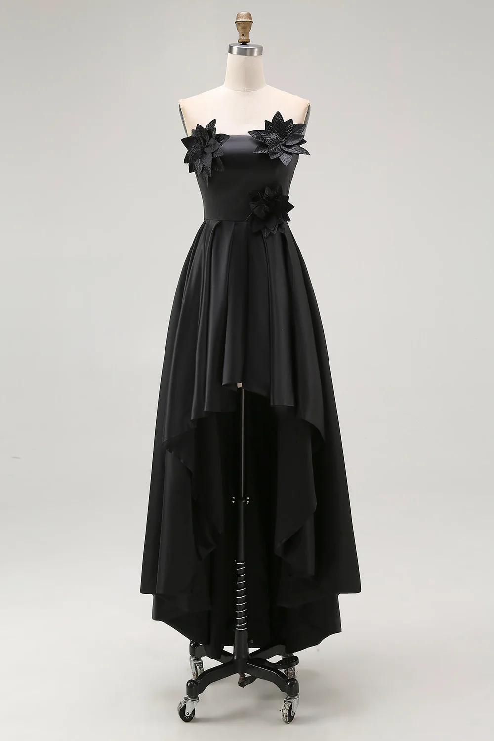 Black A-Line Strapless Ruffled Satin High-Low Formal Dress with 3D Flowers - VNBITS