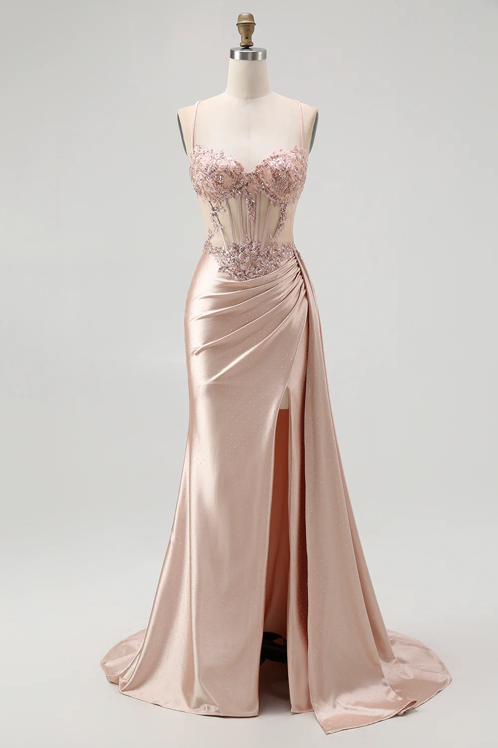 Sparkly Champagne Spaghetti Straps Mermaid Satin Long Prom Dress with Beading - VNBITS