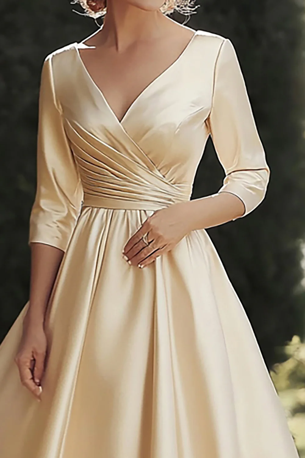 A Line Champagne Half Sleeves Long Mother of the Bride Dress - VNBITS