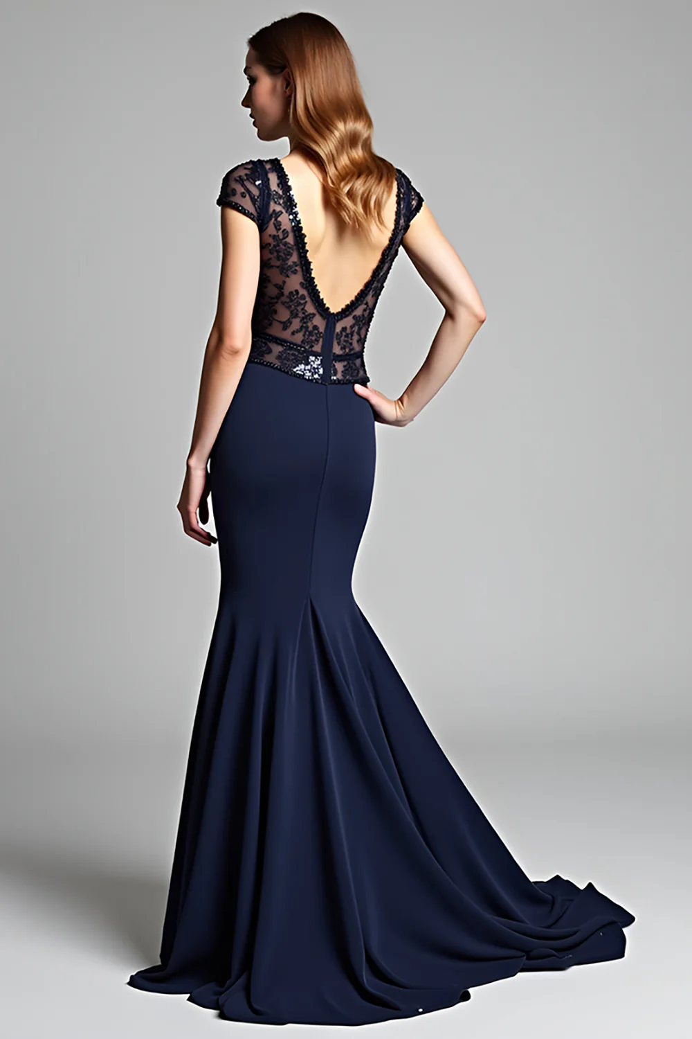 Mermaid Navy Deep V-Neck Long Formal Dress with Cap Sleeves - VNBITS