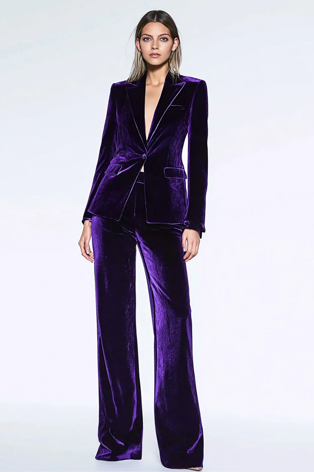 Dark Purple Velvet Peak Lapel 2 Piece Business Suits with Pockets - VNBITS