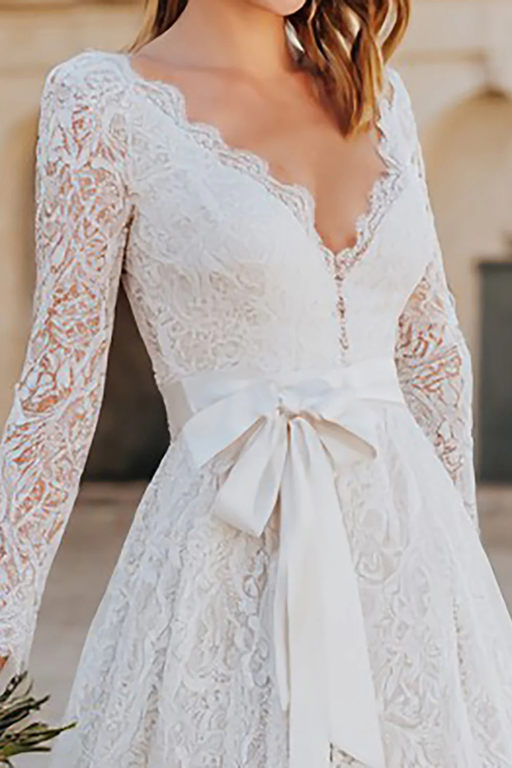 Ivory Lace A Line Midi Boho Wedding Dress with Sleeves - VNBITS
