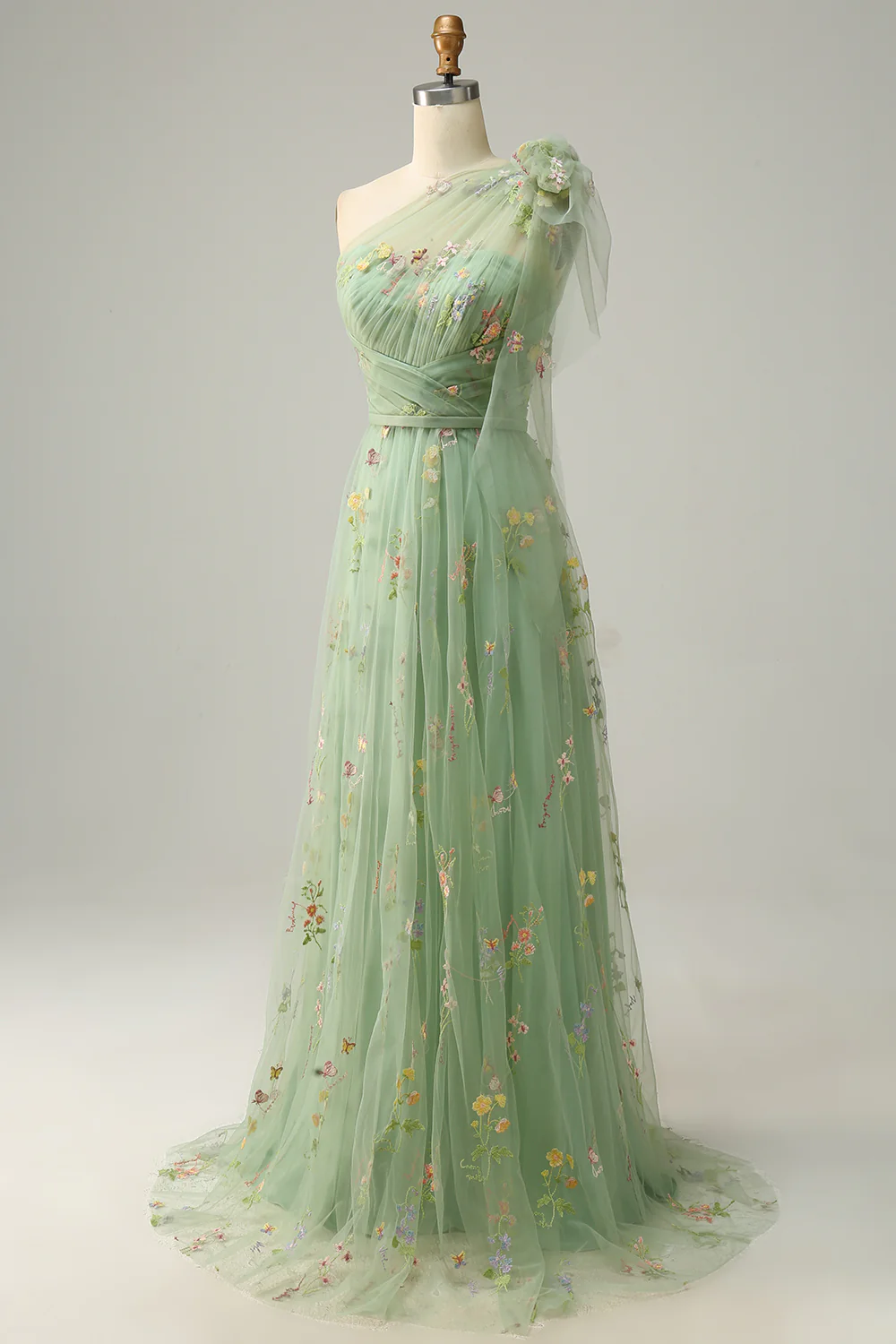 A-Line Grey Blue Long Prom Dress With Embroidery - VNBITS