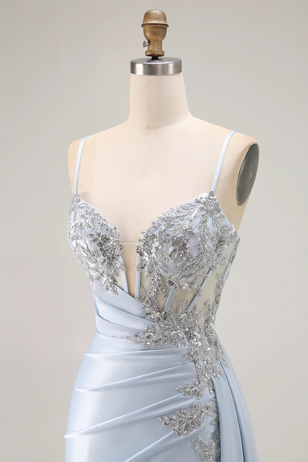 Sparkly Light Blue Mermaid Corset Ruched Long Prom Dress with Slit - VNBITS