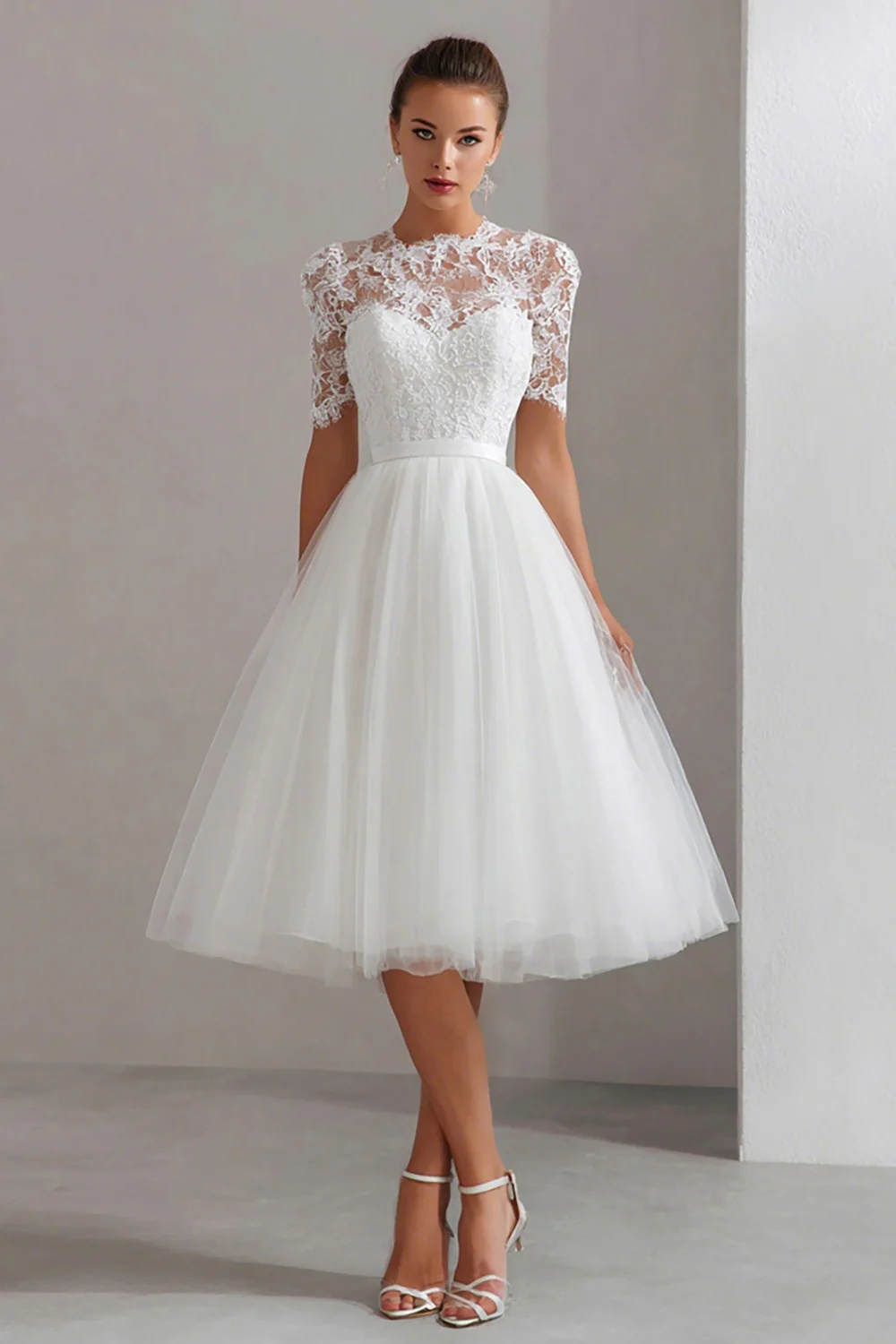 White A Line Tulle Short Sleeves Midi Engagement Dress with Lace - VNBITS