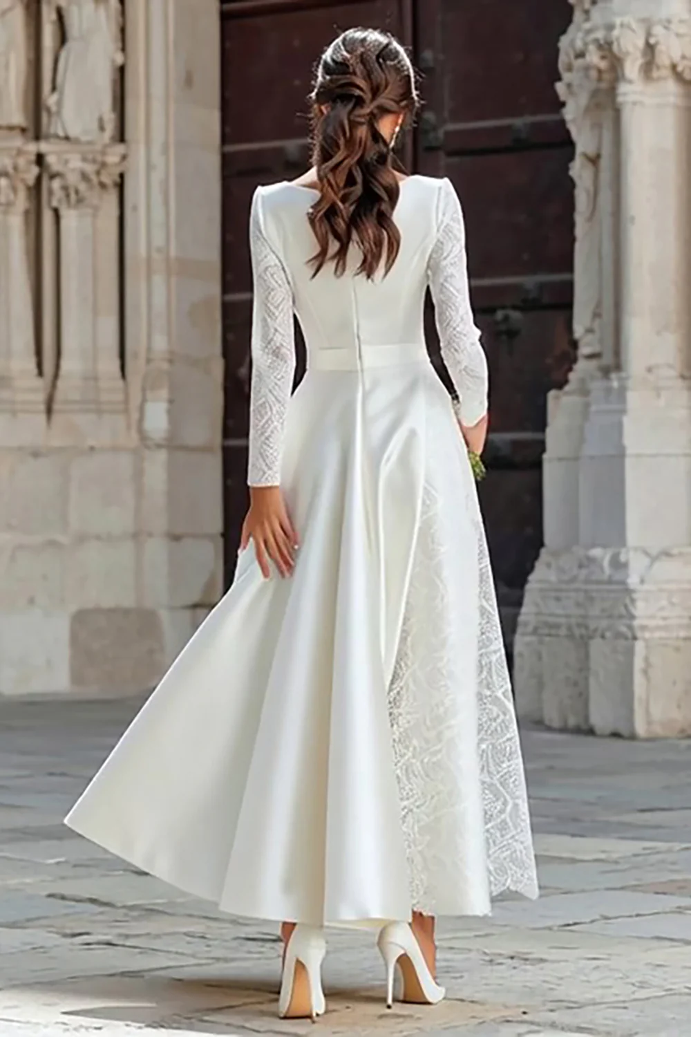 Ivory A Line Boat Neck Long Sleeves Engagement Dress with Pockets - VNBITS