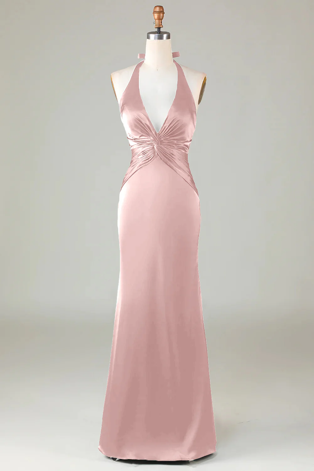 Mermaid Halter Dark Green Long Satin Bridesmaid Dress - VNBITS