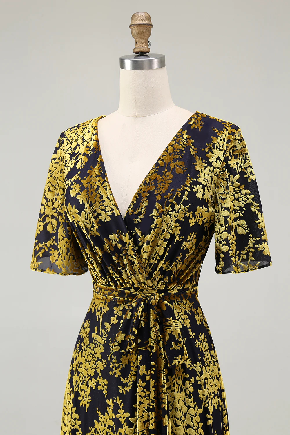 Golden Purple Velvet Burnout V-Neck A-Line Long Wedding Guest Dress - VNBITS