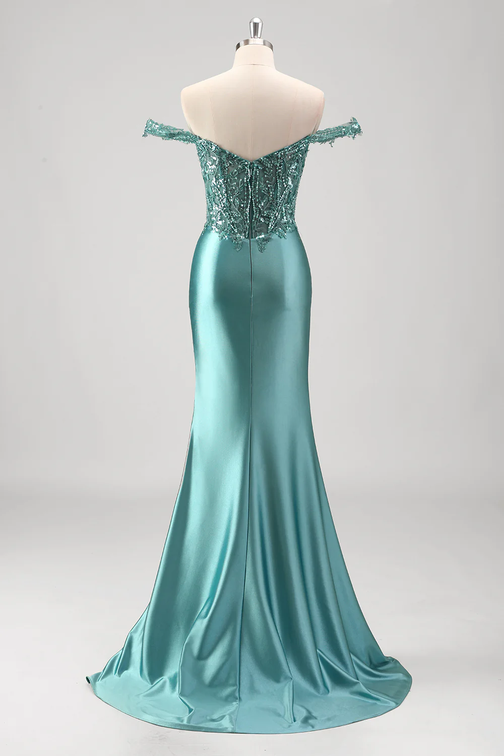 Grey Green Mermaid Applique Off The Shoulder Long Prom Dress with Slit - VNBITS
