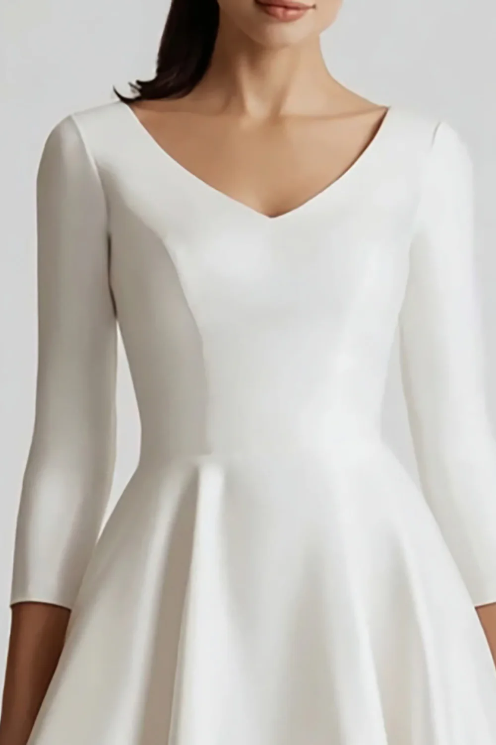 White V-Neck Satin A Line Midi Engagement Dress with Sleeves - VNBITS