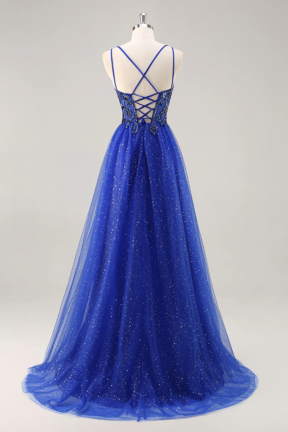 Sparkly Royal Blue Beaded Corset V-Neck Long Prom Dress with Slit - VNBITS