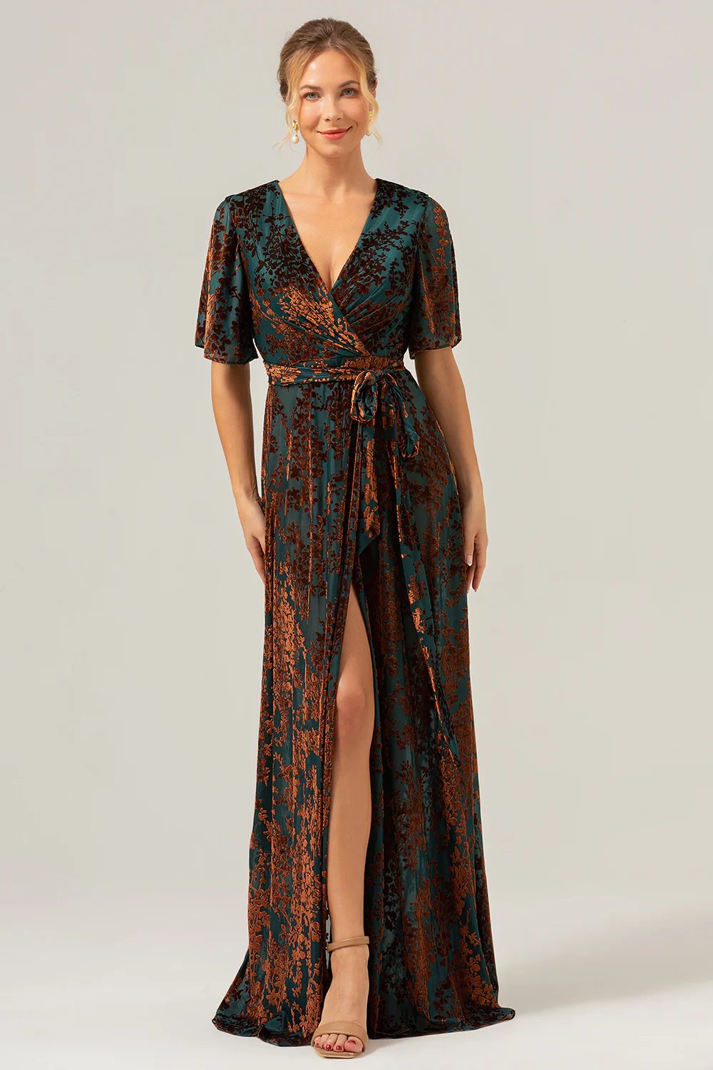V-Neck Dark Green Mother of Bride Dress with Slit - VNBITS