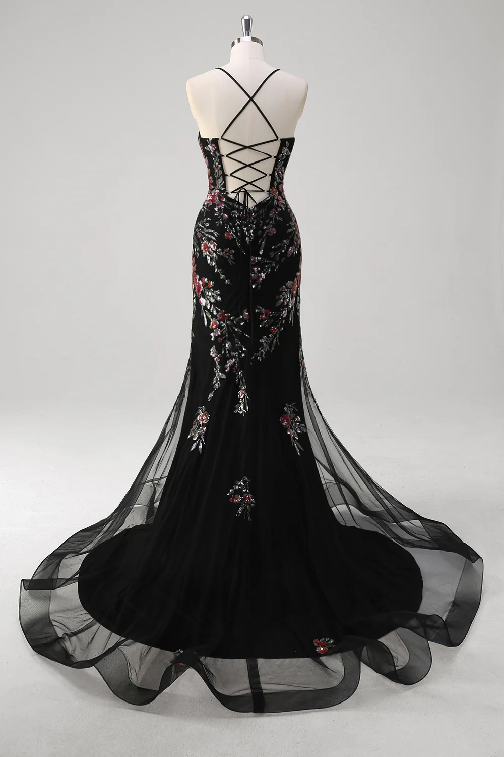 Black Mermaid Spaghetti Straps Corset Long Prom Dress with Appliques - VNBITS