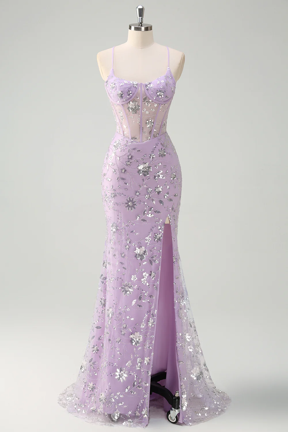 Sparkly Lilac Mermaid Spaghetti Straps Prom Dress with Slit - VNBITS