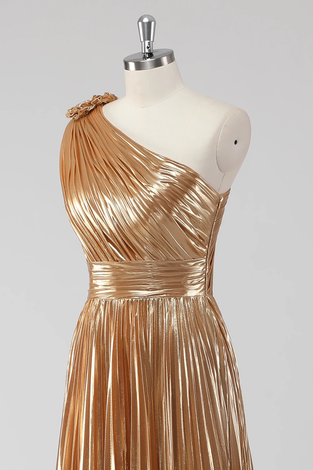 Golden Metallic Satin One Shoulder A-Line Formal Dress - VNBITS