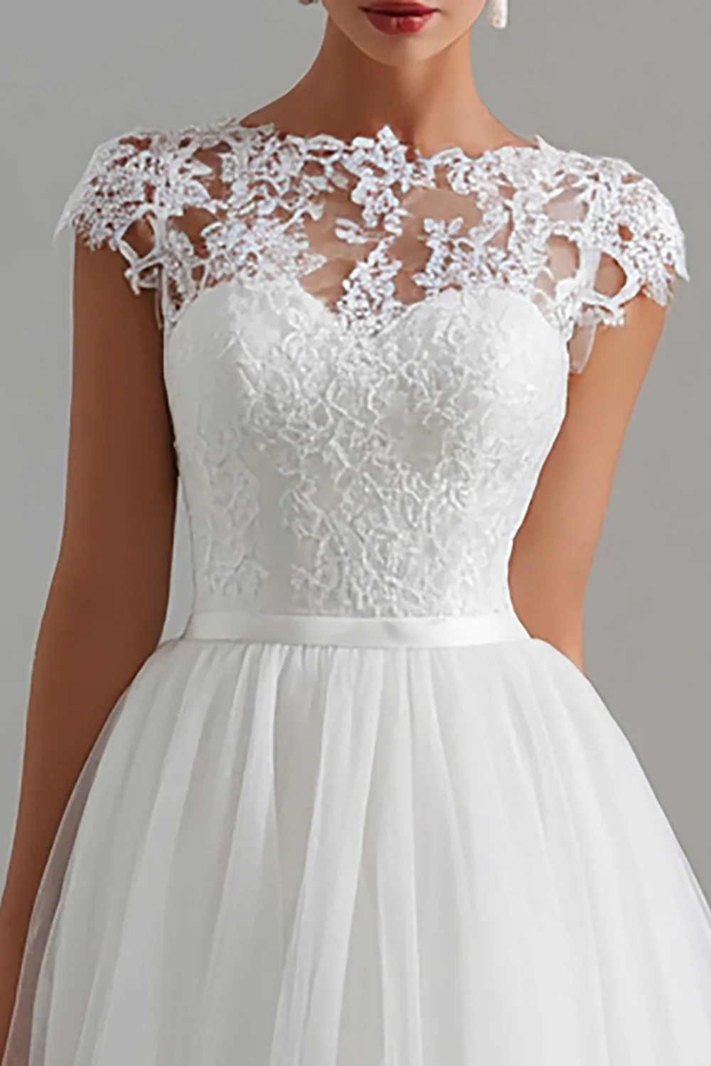 White Tulle A Line Bateau Neck Midi Engagement Dress with Lace - VNBITS