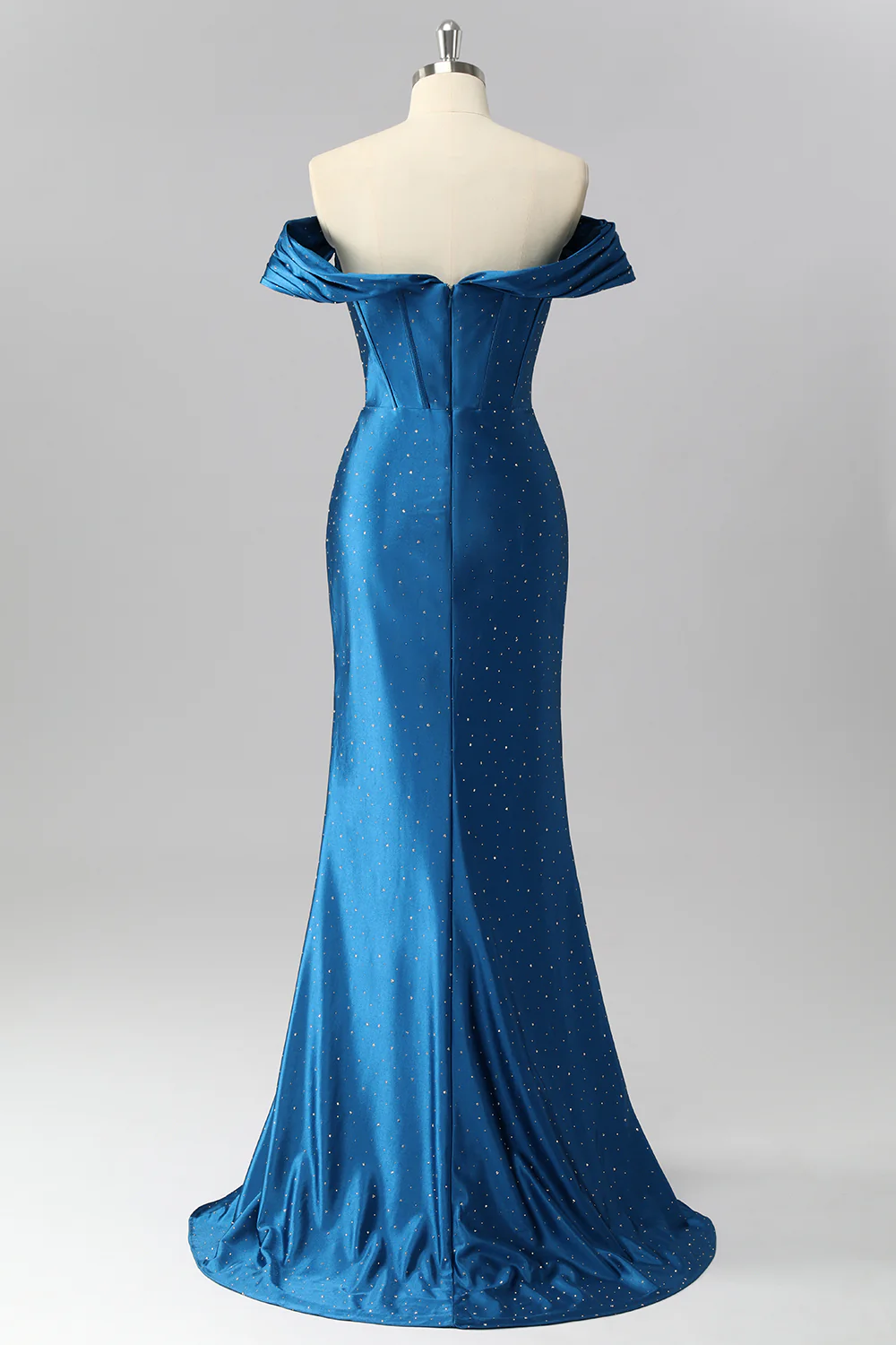Sparkly Dark Blue Off the Shoulder Satin Mermaid Long Corset Prom Dress with Beading - VNBITS
