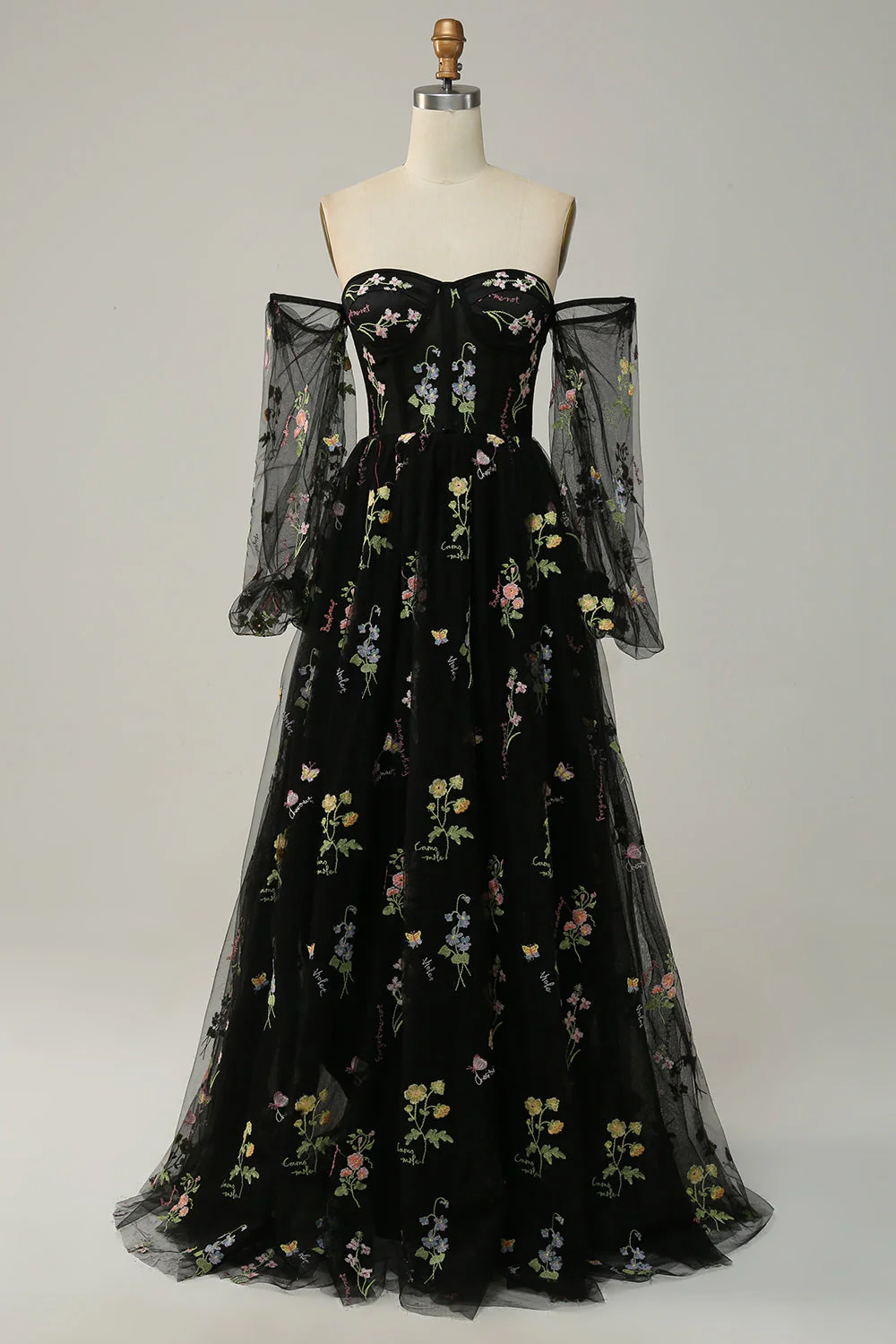 Black Off Shoulder Floral Long Prom Dress - VNBITS