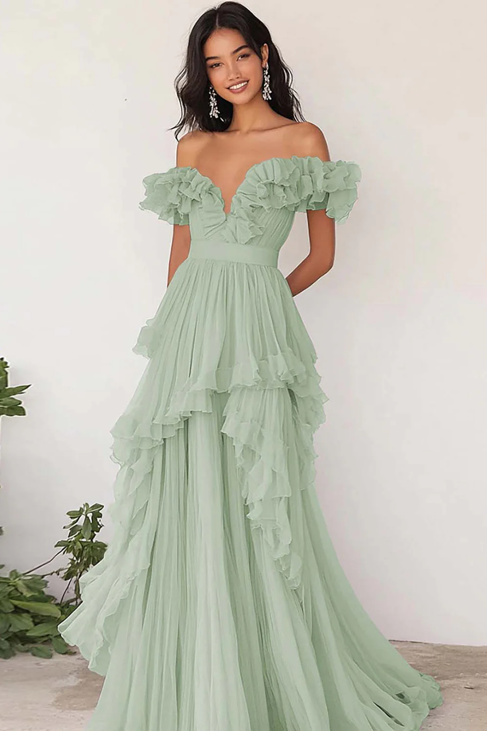 Lilac Chiffon A Line Long Off the Shoulder Prom Dress with Ruffles - VNBITS