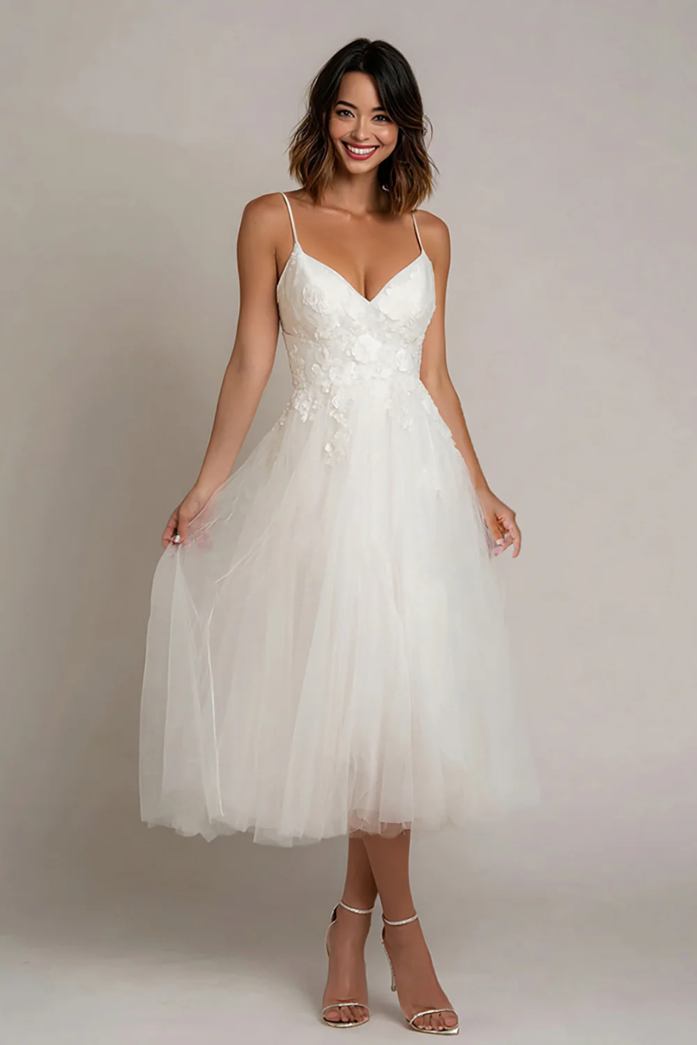 White Spaghetti Straps Tulle Midi Engagement Dress with Lace - VNBITS