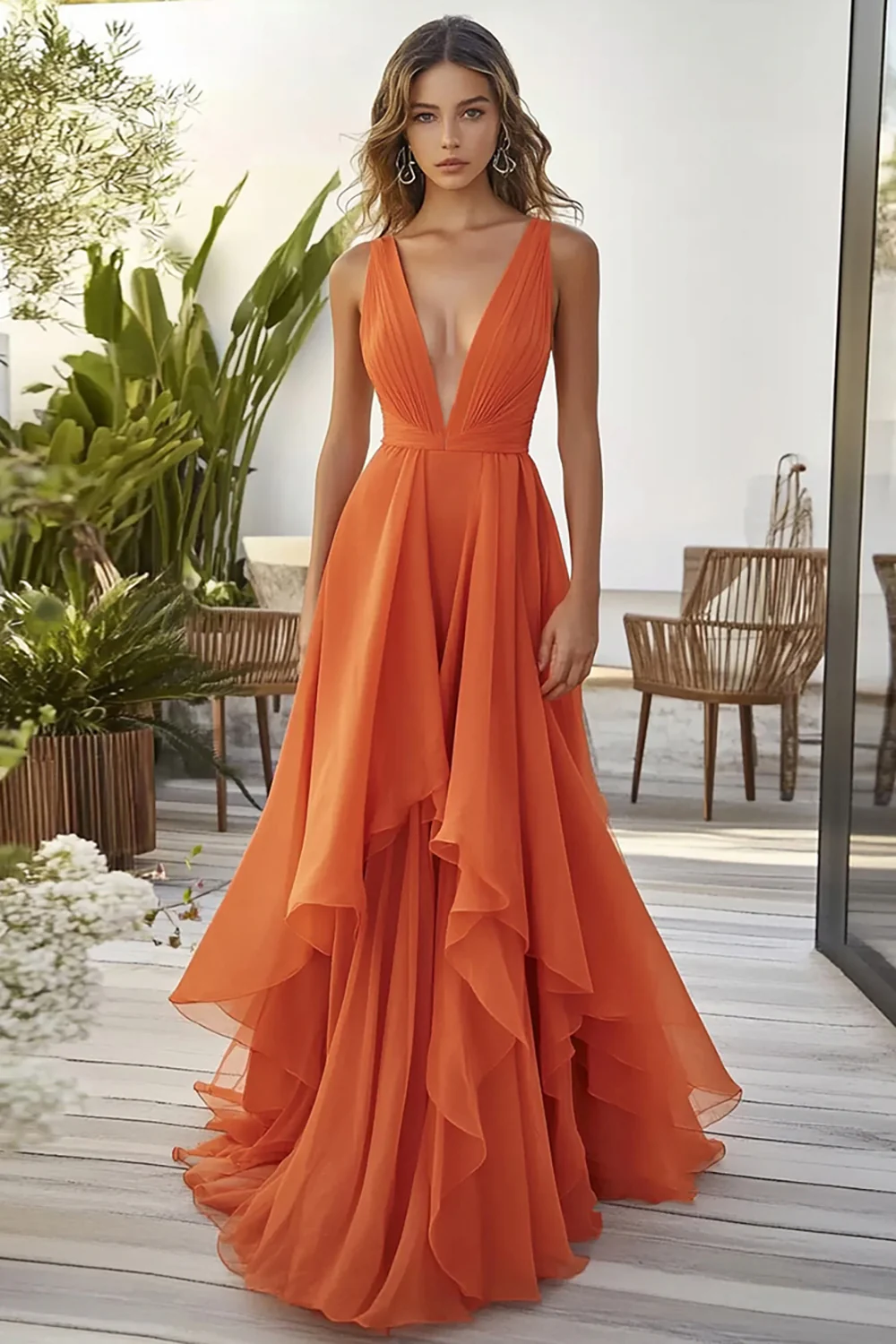 Orange Chiffon Deep V-Neck Long Wedding Guest Dress with Ruffles - VNBITS