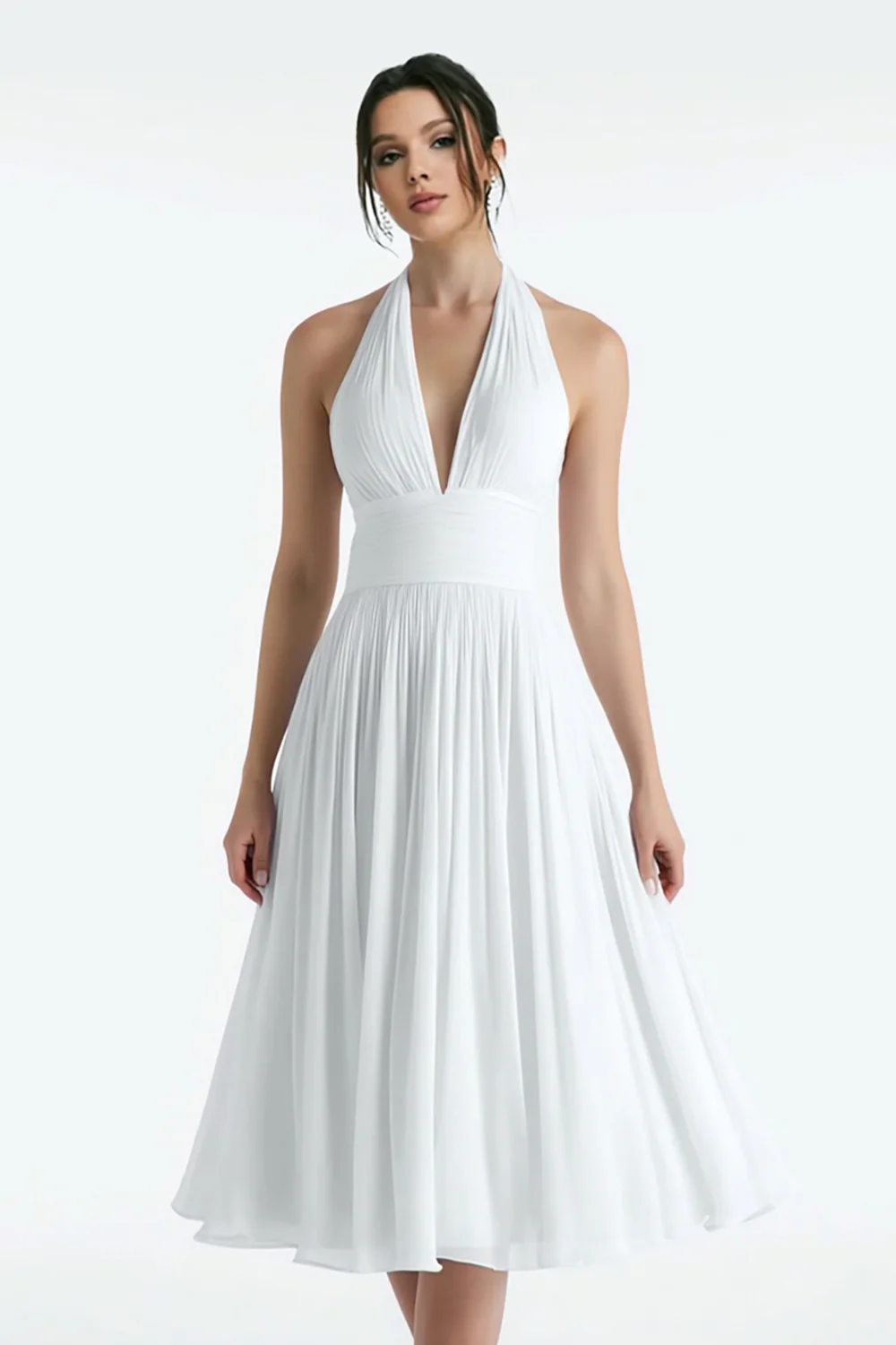 White Chiffon A Line Halter Midi Wedding Reception Dress - VNBITS