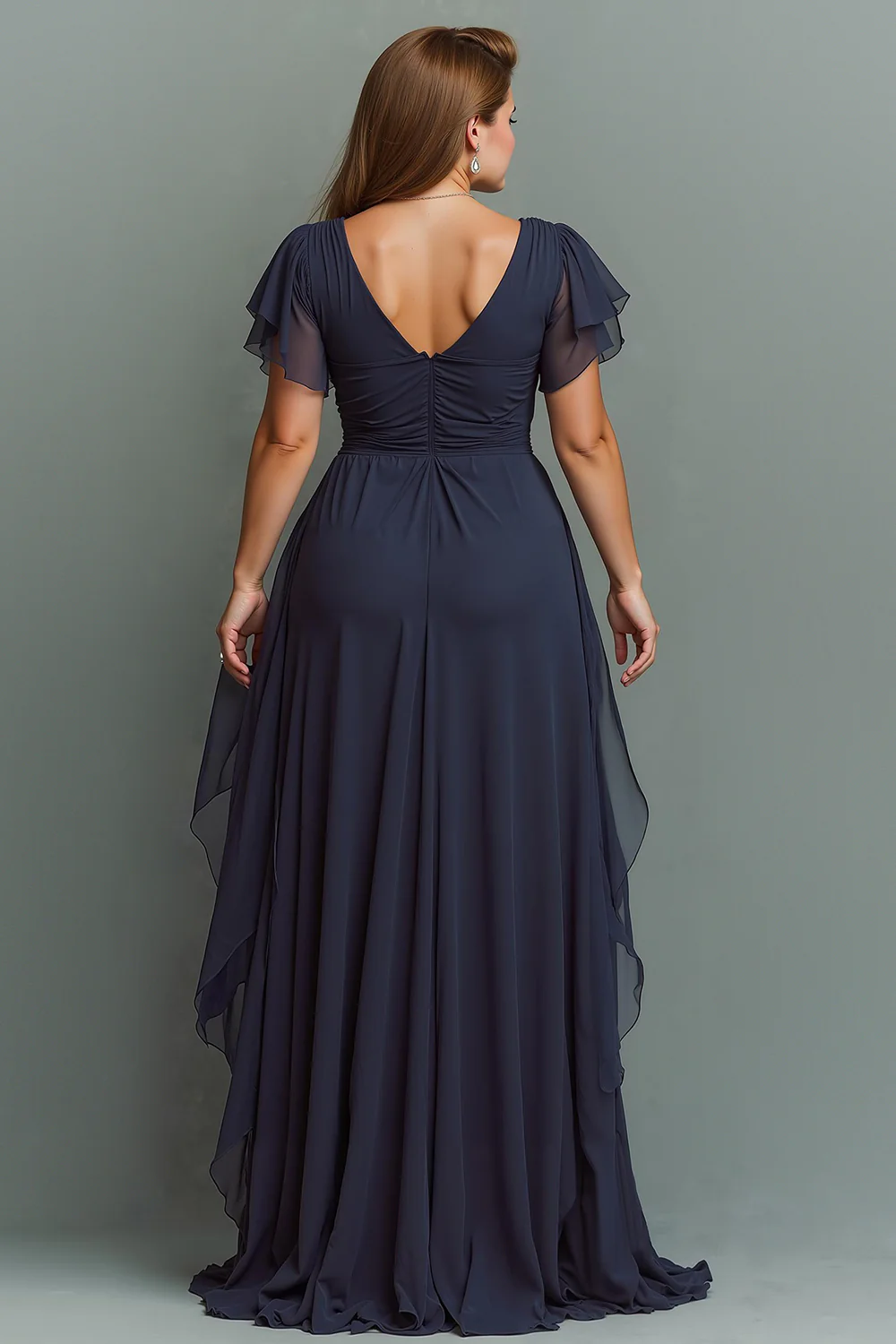 Navy Chiffon V-Neck Ruched Long  with Ruffles - VNBITS