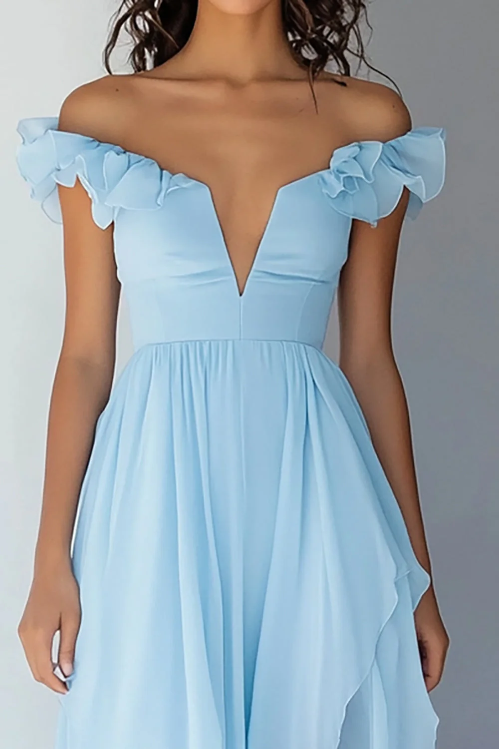 Sky Blue High Low Chiffon Off the Shoulder Formal Dress - VNBITS