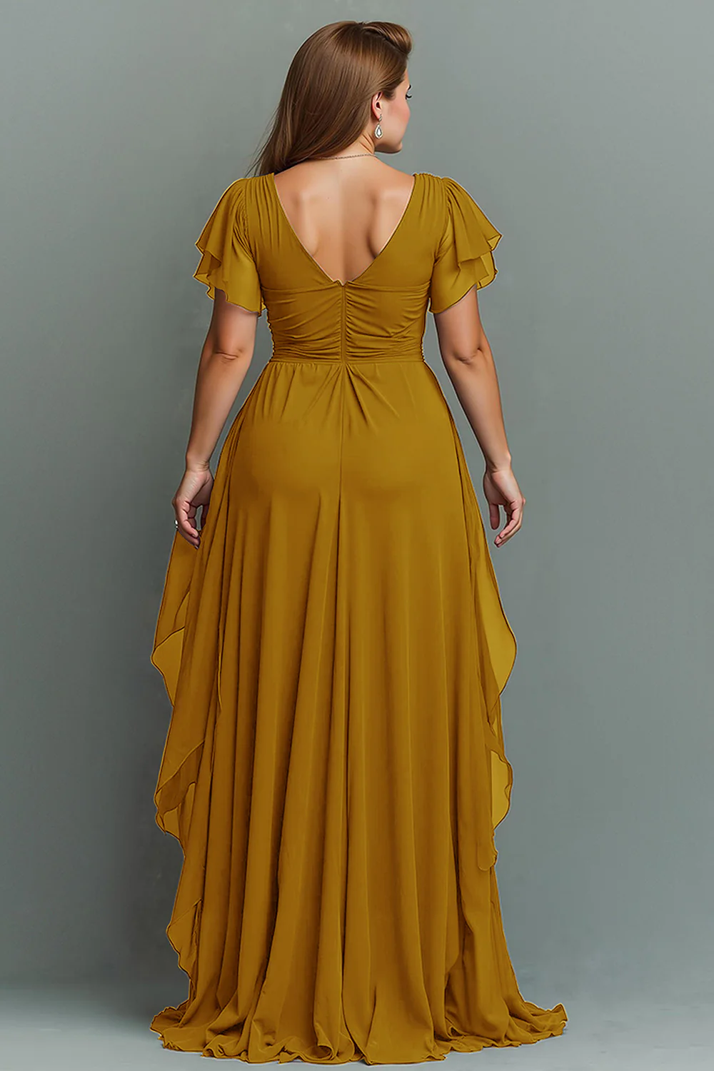 Navy Chiffon V-Neck Ruched Long  with Ruffles - VNBITS