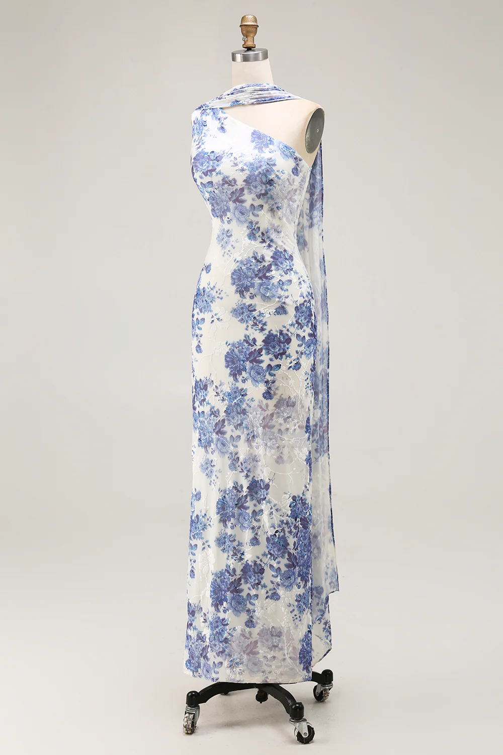Blue Floral Neck Scarf Sheath Long Bridesmaid Dress - VNBITS