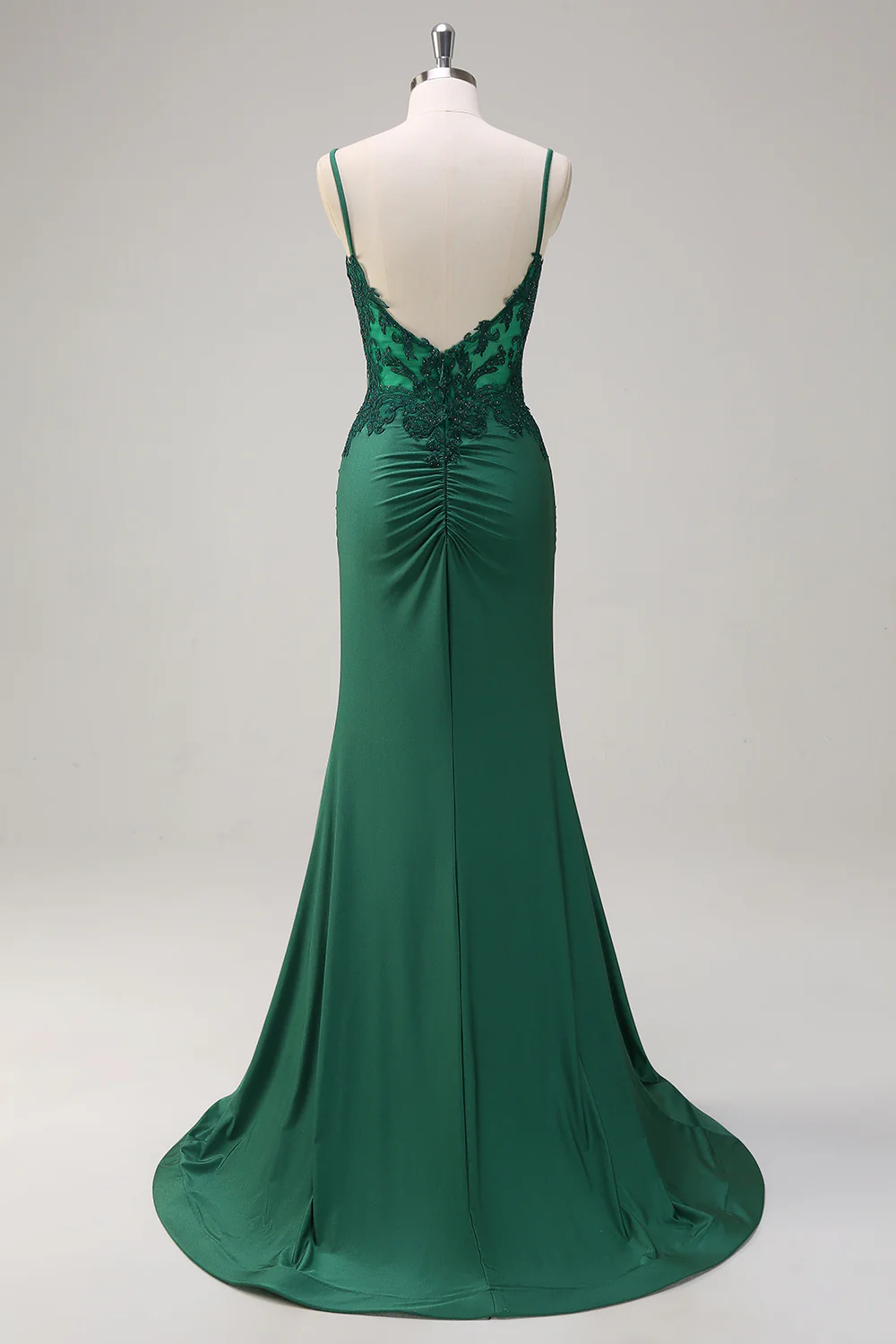 Dark Green V-Neck Mermaid Applique Spaghetti Straps Long Prom Dress - VNBITS