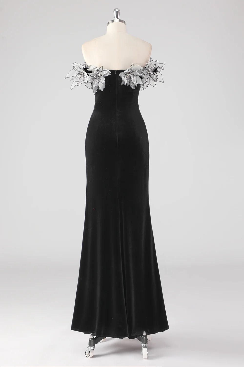 Black Velvet Sheath Formal Dress with 3D Flowers - VNBITS
