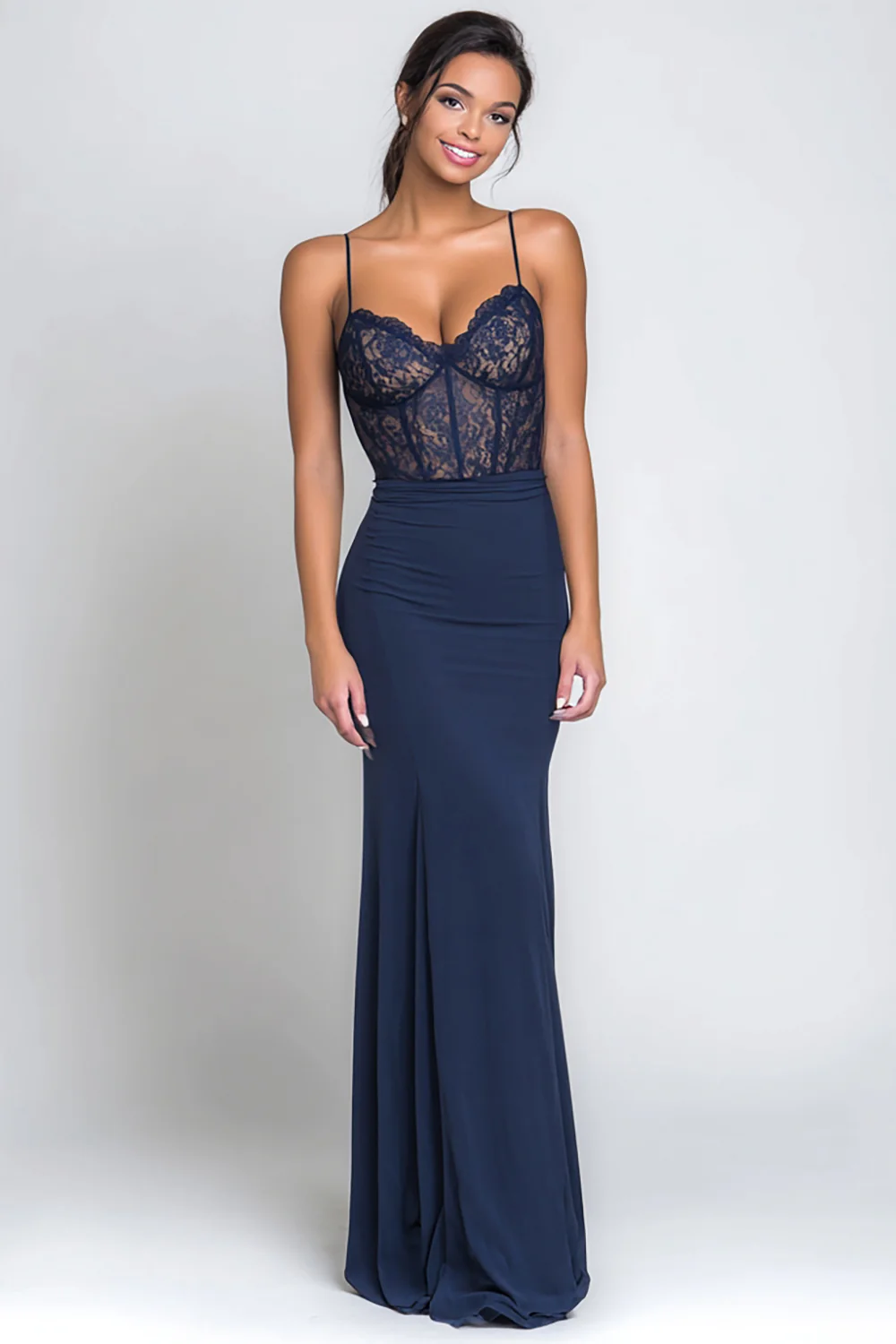 Navy Spaghetti Straps Mermaid Long Corset Formal Dress with Lace - VNBITS