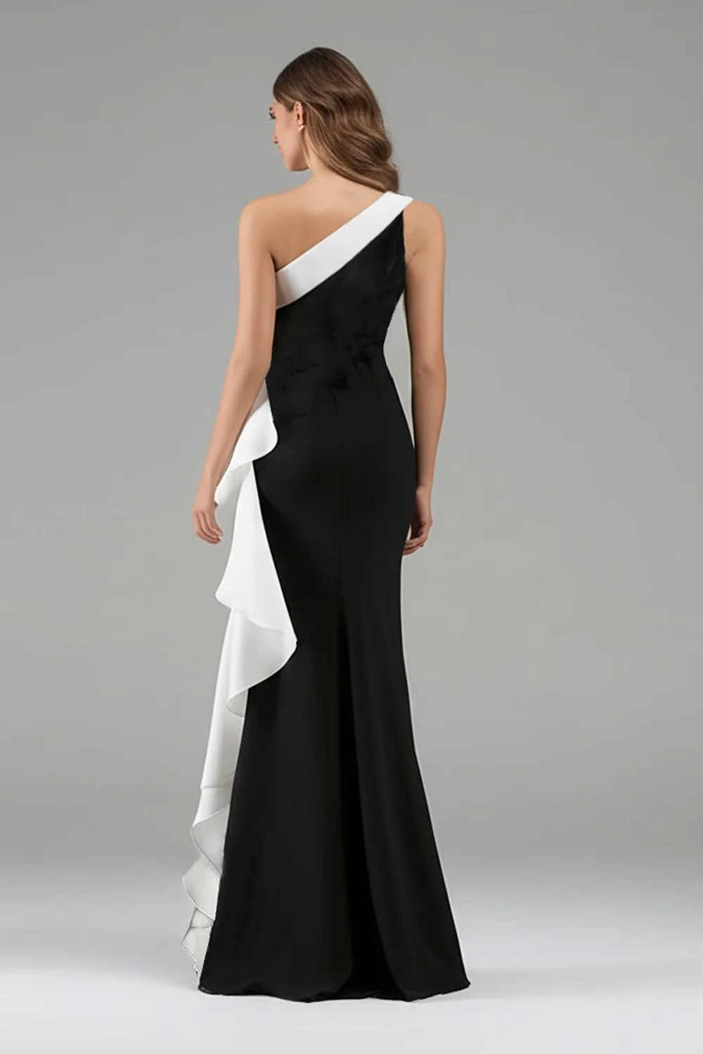 Black White One Shoulder Long Black Tie Dress with 3D Flowers - VNBITS